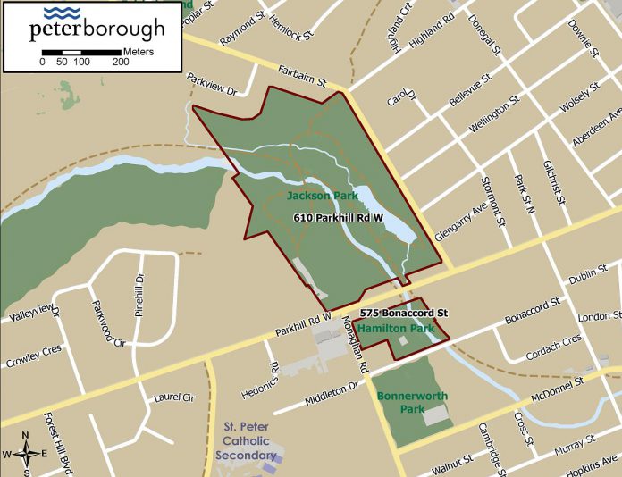 The boundaries of the proposed cultural heritage landscape of Jackson Park and Hamilton Park. (Map: City of Peterborough)