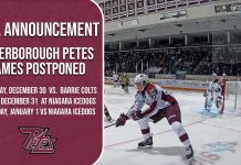 Three Peterborough Petes regular season games on December 30 and 31, 2021 and January 1, 2022 have been postponed due to COVID-19. (Graphic: Peterborough Petes)