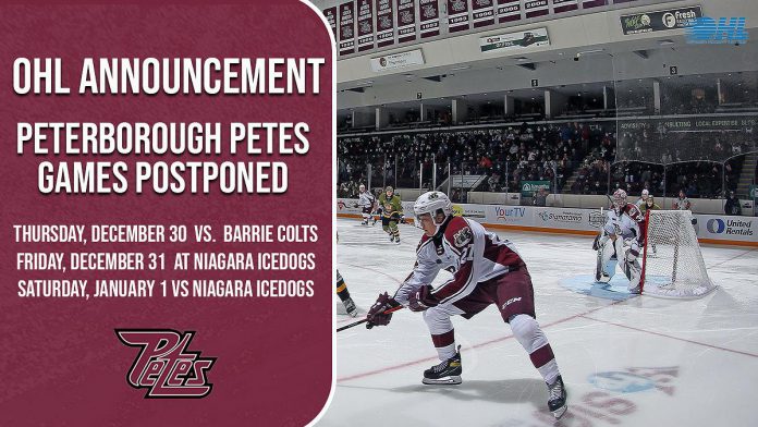 Three Peterborough Petes regular season games on December 30 and 31, 2021 and January 1, 2022 have been postponed due to COVID-19. (Graphic: Peterborough Petes)