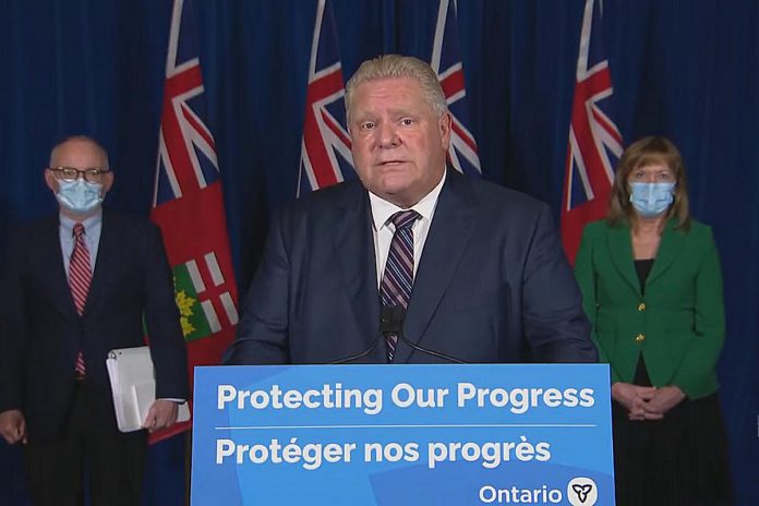At a media conference at Queen's Park in Toronto on December 15, 2021, Ontario Premier Doug Ford announcee the expansion of COVID-19 vaccine booster shot eligibility to everyone 18 years and over as of December 20, 2021. (kawarthaNOW screenshot of CPAC video)