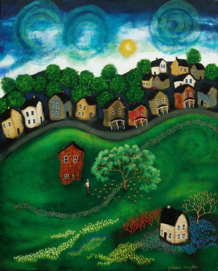 As part of her upcoming Trent Radio broadcast, JoEllen Brydon is bringing to life some of her late mother Jean Armstrong Brydon's advice columns in audio and as visual art. Pictured is a painting illustrating the question a reader asked her mother about a neighbour's apple tree dropping fruit on his father's property. (Photo courtesy of JoEllen Brydon)