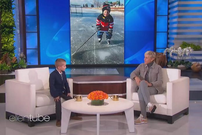 Seven-year-old Callan "Coach Cal" Perks of Lakefield appeared on The Ellen DeGeneres Show on January 5, 2022, where his motivational speech to Ellen brought the talk-show host to tears. (kawarthaNOW screenshot of YouTube video)