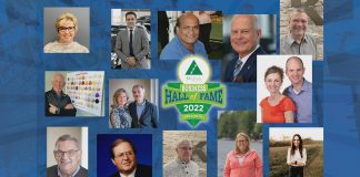 The 15 inductees of the Junior Achievement of Northern and Eastern Ontario's Business Hall of Fame for 2022. (kawarthaNOW screenshot of JA-NEO video)