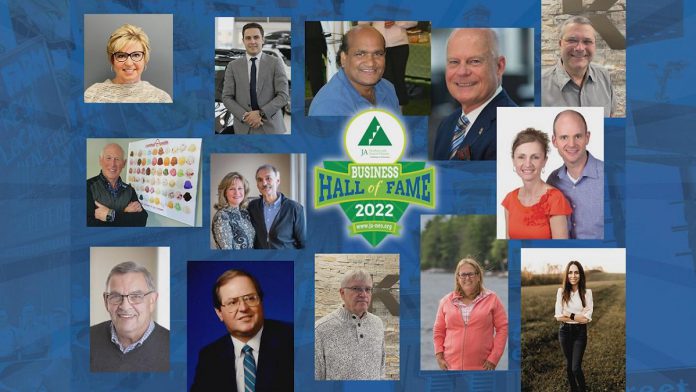 The 15 inductees of the Junior Achievement of Northern and Eastern Ontario's Business Hall of Fame for 2022. (kawarthaNOW screenshot of JA-NEO video)