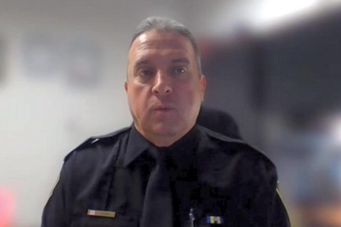 Inspector John Lyons of the Peterborough Police Service responds to media questions during a virtual Peterborough Public Health media briefing on January 27, 2022. (kawarthaNOW screenshot)
