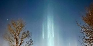 Light pillars above Peterborough on January 26, 2022. (Photo: Jim Webster)