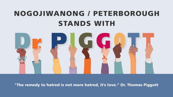The graphics for the 'Nogojiwanong Peterborough Stands With Dr Piggott' Facebook group were created by Amy E. LeClair Graphic Design & Brand Studio.