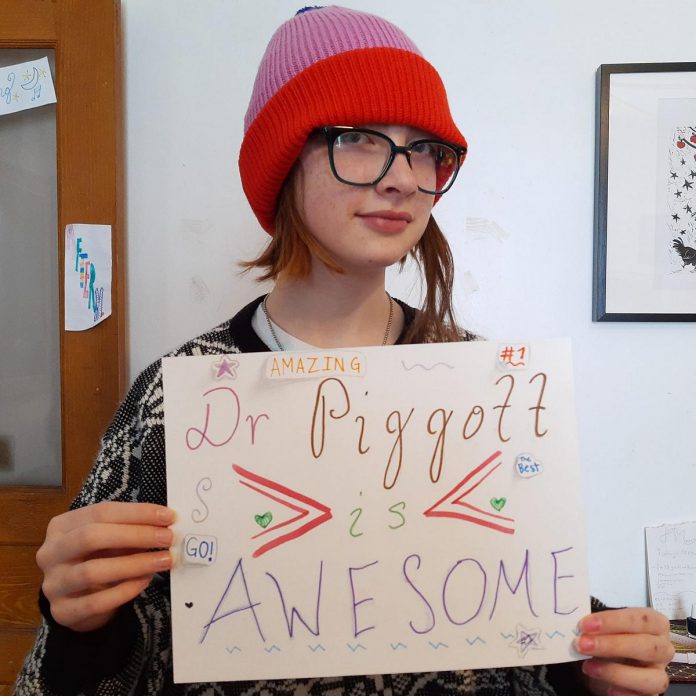 A sign young Peterborough resident Charlie created to support local medical officer of health Dr. Thomas Piggott, posted in the new 'Nogojiwanong Peterborough Stands With Dr Piggott' Facebook group.