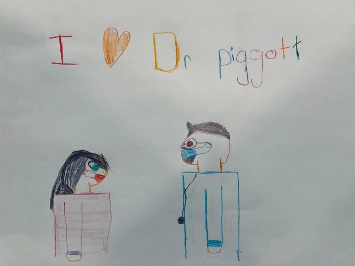 Young Peterborough resident Annabelle created this artwork of a masked version of herself showing her appreciation for a masked local medical officer of health Dr. Thomas Piggott, which her mother posted in the new 'Nogojiwanong Peterborough Stands With Dr Piggott' Facebook group. 