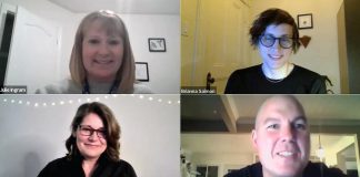 Otonabee Conservation recognized Peterborough Public Health, Brianna Salmon, Trent University, and Trout Unlimited Canada Millbrook with Environmental Excellence Award during the organization's virtual annual general meeting on January 20, 2020. Pictured are Julia Ingram of Peterborough Public Health, Brianna Salmon, Julie Davis of Trent University, and Scott Calder of Trout Unlimited Canada Millbrook. (kawarthaNOW screenshots)