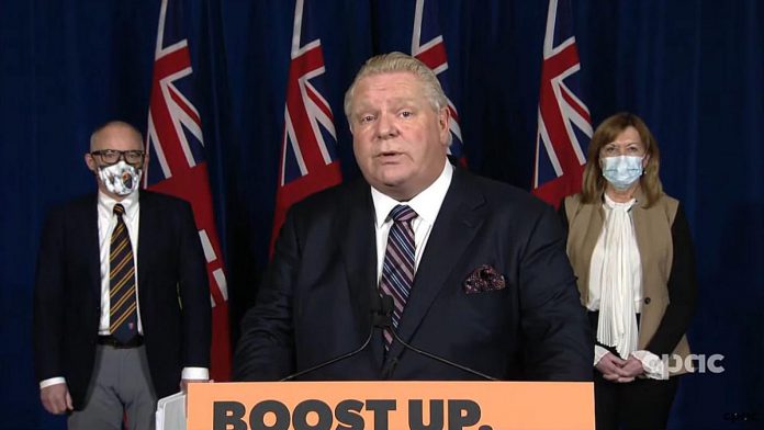 Ontario Premier Doug Ford announcing the gradual lifting of COVID-19 public health restrictions at a media conference at Queen's Park on January 20, 2021. (kawarthaNOW screenshot of CPAC video)