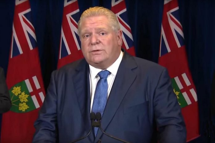 Ontario Premier Doug Ford announced a series of new public health retrictions and a delay to the return to in-person learning during a media conference at Queen's Park in Toronto on January 3, 2022. (kawarthaNOW screenshot of CPAC video)