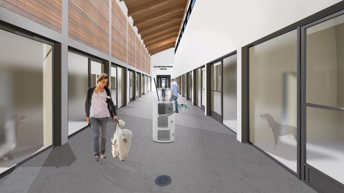 The Ontario SPCA Provincial Dog Rehabilitation Centre, which will help dogs who need more support and care than a regular shelter can provide. It will contain several unique features, including hydrotherapy equipment, indoor and outdoor off-leash areas, flexible training rooms, specialized training courses, and a real family living room to help dogs practice living in a home environment. (Rendering  courtesy of Peterborough Humane Society)