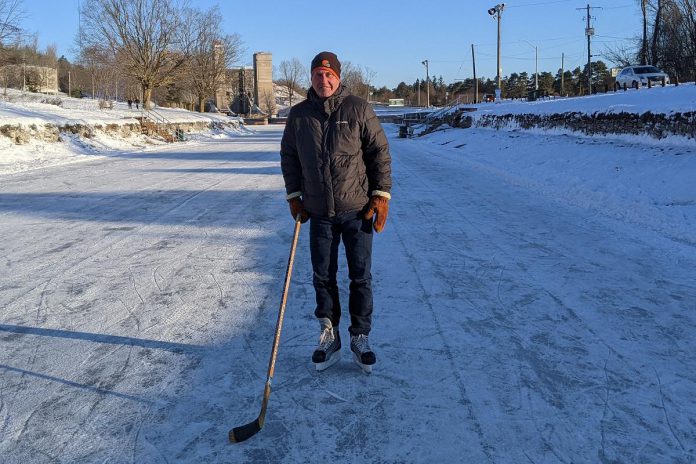 This skater, who did not provide his name, had the ice to himself on the Trent Canal near the Peterborough Lift Lock early in the morning on January 14, 2022. He said this was the first time in 20 years he had strapped on his skates. (Photo: Bruce Head / kawarthaNOW)
