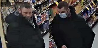 Peterborough County OPP are seeking these two suspects in a theft from Foodland Ennismore in Selwyn Township on February 2, 2022. (Police-supplied photos)