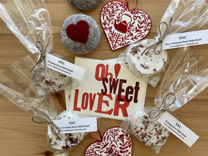 This Valentine's Day, material expressions of love can have the desired impact without adversely impacting the environment. The GreenUP Store carries locally made soaps and bath bombs by Simply Natural Canada, cards by Jackson Creek Press, and folk art coffee-lover hearts by Brianna Gosselin. (Photo courtesy of the GreenUP Store)