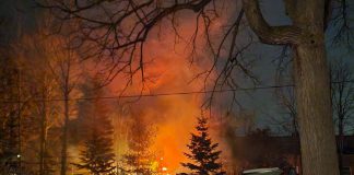 A Lakefield resident who lives close to St. Paul Catholic Elementary School took this photo of the fire that destroyed a storage shed used by the school. Peterborough police are investigating the fire as a suspected case of arson. (Photo: Mz Emma @Hey_MzEmma / Twitter)