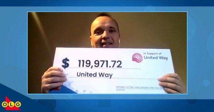 On behalf of 27 United Way locations across Ontario, United Way Greater Toronto president and CEO Daniele Zanotti accepts a donation of almost $120,000 from OLG during a virtual cheque presentation. (kawarthaNOW screenshot)