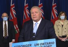 Ontario premier Doug Ford announcing the easing of COVID-19 public health restrictions at a media conference at Queen's Park in Toronto on February 14, 2022. (kawarthaNOW screenshot of CPAC video)