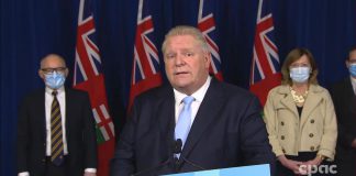Ontario premier Doug Ford announcing the easing of COVID-19 public health restrictions at a media conference at Queen's Park in Toronto on February 14, 2022. (kawarthaNOW screenshot of CPAC video)