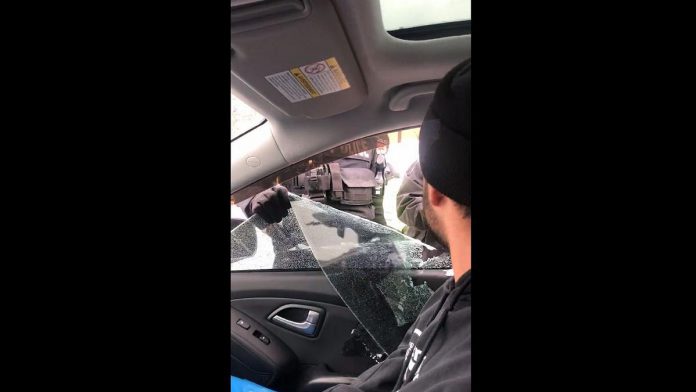 Peterborough police smashed a vehicle window to arrest local anti-lockdown and anti-vaccine mandate advocate Tyler Berry on February 26, 2022. (kawarthaNOW screenshot of Facebook video)