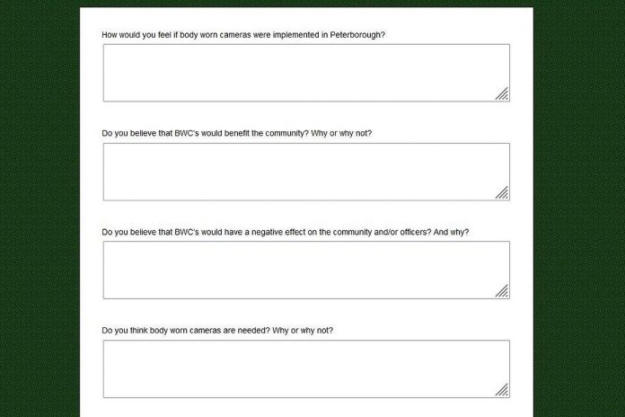 Some of the questions on the survey on the potential use of body-worn cameras by the Peterborough Police Service, conducted in partnership with the Trent Community Research Centre with forensic science student Sabrina Wolanczyk taking the lead. Participation is the survey is voluntary and anonymous. (kawarthaNOW screenshot)