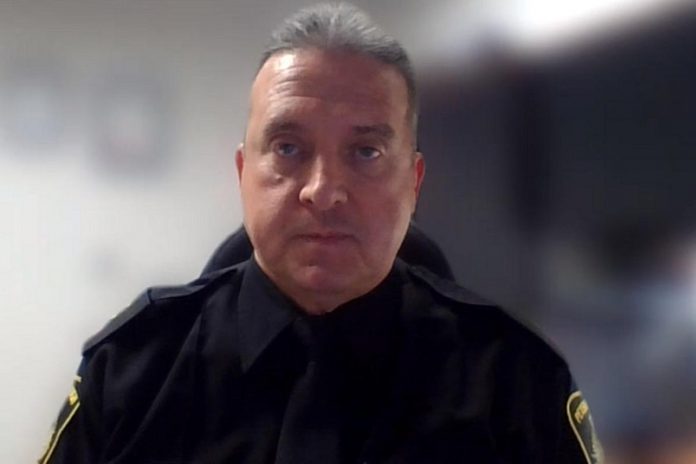 During a virtual media briefing on February 17, 2022, Inspector John Lyons of the Peterborough Police Services addressed the police response to the planned "slow roll" vehicle convoy in Peterborough on February 19. (kawarthaNOW screenshot)