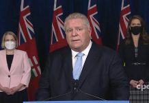 Ontario Premier Doug Ford declares a state of emergency, in response to protestors occupying the city of Ottawa and blockading the border crossing in Windsor, at a media conference at Queen's Park in Toronto on February 11, 2022. (kawarthaNOW screenshot of CPAC video)