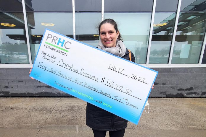 Peterborough resident Christina Dicosmo won the Peterborough Regional Health Centre Foundation's 50/50 lottery's grand prize of $42,472.50 on February 17, 2022, and chose the $2,000 cash bonus prize, making her total winnings $44,472.50. (Photo courtesy of PRHC Foundation)