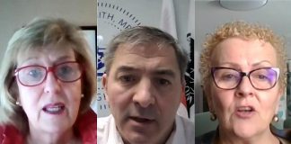 Haliburton-Kawartha Lakes-Brock MPP Laurie Scott, Peterborough-Kawartha MPP Dave Smith, and YWCA Peterborough Haliburton executive director Kim Dolan during a virtual announcement of over $200,000 in provincial funding for YWCA Peterborough Haliburton and Kawartha Sexual Assault Centre on February 10, 2022. (kawarthaNOW screenshots)