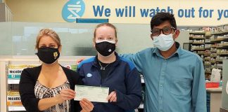 Store manager Tanya Farrow (left) with team members from the High Street and Lansdowne Street Shoppers Drug Mart locations. (Photo courtesy of YWCA Peterborough Haliburton)