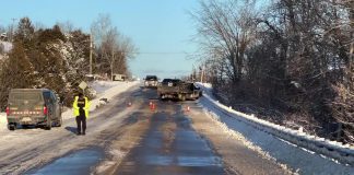The passenger in a car that collided head-on with this pickup truck on County Road 35 west of Campbellford on February 18, 2022 died in hospital, with the driver in critical condition with life-threatening injuries. (kawarthaNOW screenshot of OPP video)