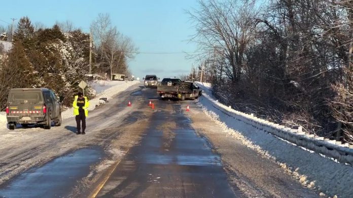 The passenger in a car that collided head-on with this pickup truck on County Road 35 west of Campbellford on February 18, 2022 died in hospital, with the driver in critical condition with life-threatening injuries. (kawarthaNOW screenshot of OPP video)