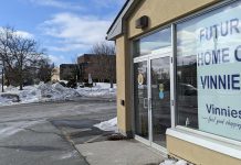 The new Vinnies thrift store, expected to open February 28, 2022, is located in Peterborough's East City at the corner of Hunter Street East and Driscoll Terrace. It replaces the location at 39 George Street, which closed at the end of January. (Photo: Bruce Head / kawarthaNOW)