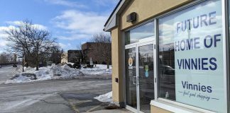 The new Vinnies thrift store, expected to open February 28, 2022, is located in Peterborough's East City at the corner of Hunter Street East and Driscoll Terrace. It replaces the location at 39 George Street, which closed at the end of January. (Photo: Bruce Head / kawarthaNOW)