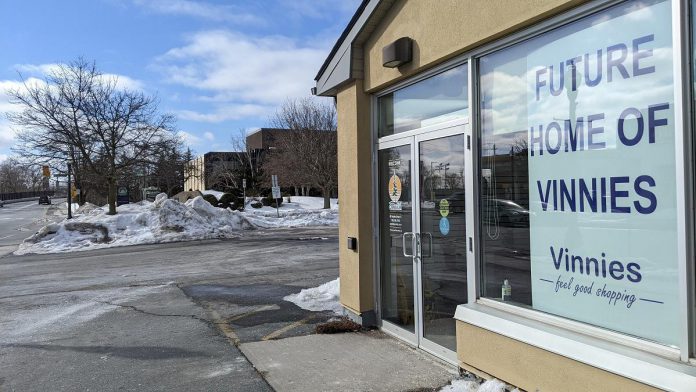 The new Vinnies thrift store, expected to open February 28, 2022, is located in Peterborough's East City at the corner of Hunter Street East and Driscoll Terrace. It replaces the location at 39 George Street, which closed at the end of January. (Photo: Bruce Head / kawarthaNOW)