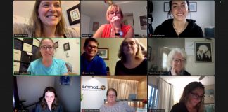 Members of 100 Women Peterborough during their virtual meeting on March 15, 2022, when they selected Bridges Peterborough as the recipient of donations from members of the collective philanthropy group. Also pictured ar Bridges Peterborough co-founder Lynn Smith-Reeve (second row, right) and bridging team facilitator-in-training Rebecca Turland (second row, right). (Photo courtesy of 100 Women Peterborough)