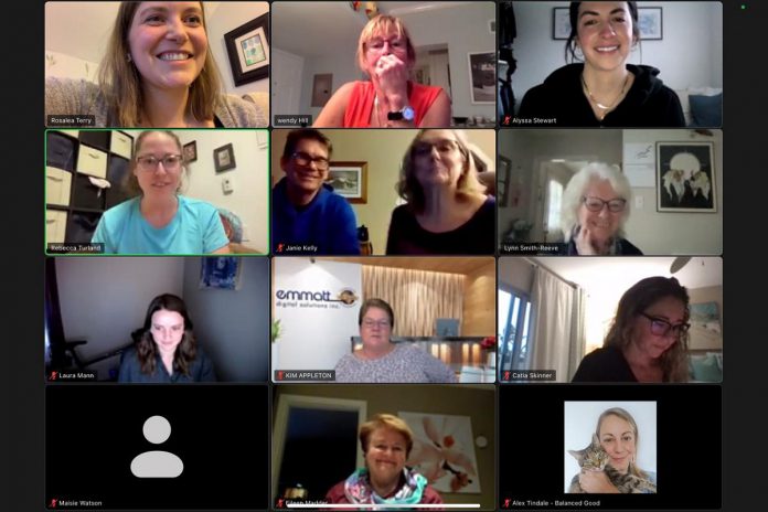 Members of 100 Women Peterborough during their virtual meeting on March 15, 2022, when they selected Bridges Peterborough as the recipient of donations from members of the collective philanthropy group. Also pictured ar Bridges Peterborough co-founder Lynn Smith-Reeve (second row, right) and bridging team facilitator-in-training Rebecca Turland (second row, right). (Photo courtesy of 100 Women Peterborough)