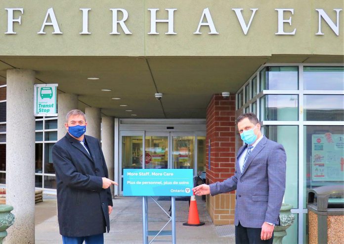 Peterborough-Kawartha MPP Dave Smith and Fairhaven executive director Lionel Towns at Fairhaven Long-Term Care Home in Peterborough, which is receiving $2.2 million for additional staffing this year. It is one of five long-term care homes in Peterborough County receiving $7,212,576 in provinical funding to increase the hours of direct care provided to residents. (Photo: Office of Dave Smith)