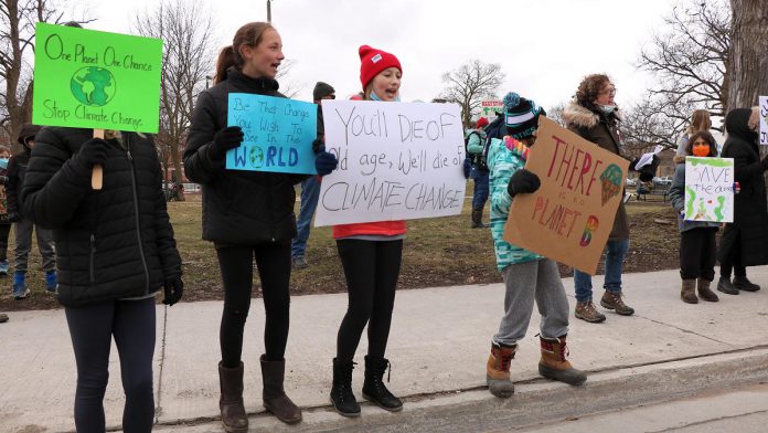 Around 70 children, youth, and adults attended the Global Climate Strike event at Confederation Square in downtown Peterborough on March 25, 2022. (Photo: Sean Bruce)