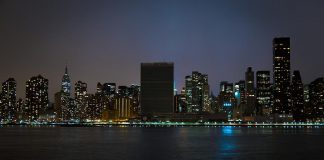 While lights remained on in other buildings, the United Nation Headquarters complex in New York went dark for Earth Hour in 2015. Transformational environmental awareness and legislative change start with individual actions as part of movements like Earth Hour. (Photo: John Gillespie)