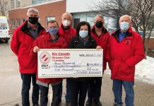 Erin Coons, CEO of the Ross Memorial Hospital Foundation, accepts a $50,000 donation from Kinsmen Club of Lindsay president Brad Fraser (second from left) and Kinsmen Don Heaslip, Doug Dent, Paul McPherson, and Rick Merrell. (Photo courtesy of Ross Memorial Hospital Foundation)