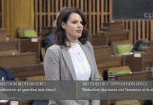 Peterborough-Kawartha MP Michelle Ferreri speaking during a debate on an opposition motion for tax reduction on gasoline and diesel in the House of Commons on March 22, 2022. (kawarthaNOW screenshot of CPAC video)