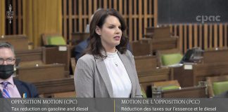 Peterborough-Kawartha MP Michelle Ferreri speaking during a debate on an opposition motion for tax reduction on gasoline and diesel in the House of Commons on March 22, 2022. (kawarthaNOW screenshot of CPAC video)