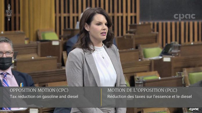 Peterborough-Kawartha MP Michelle Ferreri speaking during a debate on an opposition motion for tax reduction on gasoline and diesel in the House of Commons on March 22, 2022. (kawarthaNOW screenshot of CPAC video)