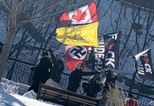 A Nazi flag at the truckers protest in Ottawa in January 2022. According to Statistics Canada, hate targeting the Black and Jewish populations remained the most common types reported by police across Canada in 2020. (Photo: Centre for Israel and Jewish Affairs / Twitter)