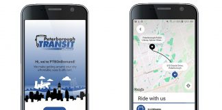 To book rides on the new 'Pink Community Bus' in owntown, eaat, and southeast areas of the city, riders can download the new PTBOnDemand app or call 705-745-5801. (kawarthaNOW screenshots)