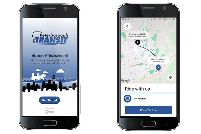 To book rides on the new 'Pink Community Bus' in owntown, eaat, and southeast areas of the city, riders can download the new PTBOnDemand app or call 705-745-5801. (kawarthaNOW screenshots)