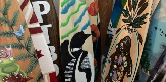 First launched in 2021, the painted paddle outdoor art exhibit returns to downtown Peterborough from March 4 to 30, 2022. The donated paddles will be auctioned off online to raise funds for the Downtown Green Team, a DBIA partnership with the One City Employment Program that will create two seasonal horticultural positions for people experiencing barriers to traditional employment. (Photo courtesy of Peterborough DBIA)