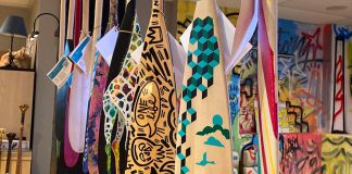 The 34 hand-painted paddles donated by local artists and organizations that were auctioned off to raise $6,000 in funds for the Downtown Green Team, a partnership between the Peterborough Downtown Business Improvement Area (DBIA) and the One City Employment Program, will be on display from 6 to 8 p.m. on April 1, 2022 at the Jason Wilkins Factory in downtown Peterborough. (Photo courtesy of Peterborough DBIA)